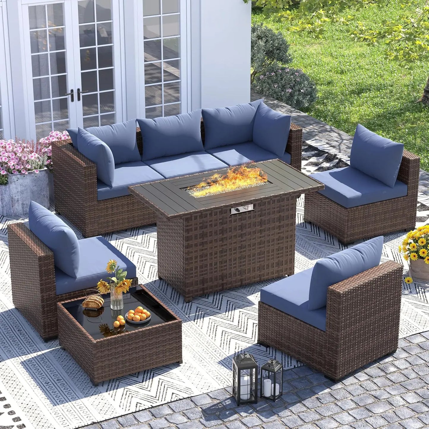 8 Piece Sectional Sofas, All-Weather With Fire Pit