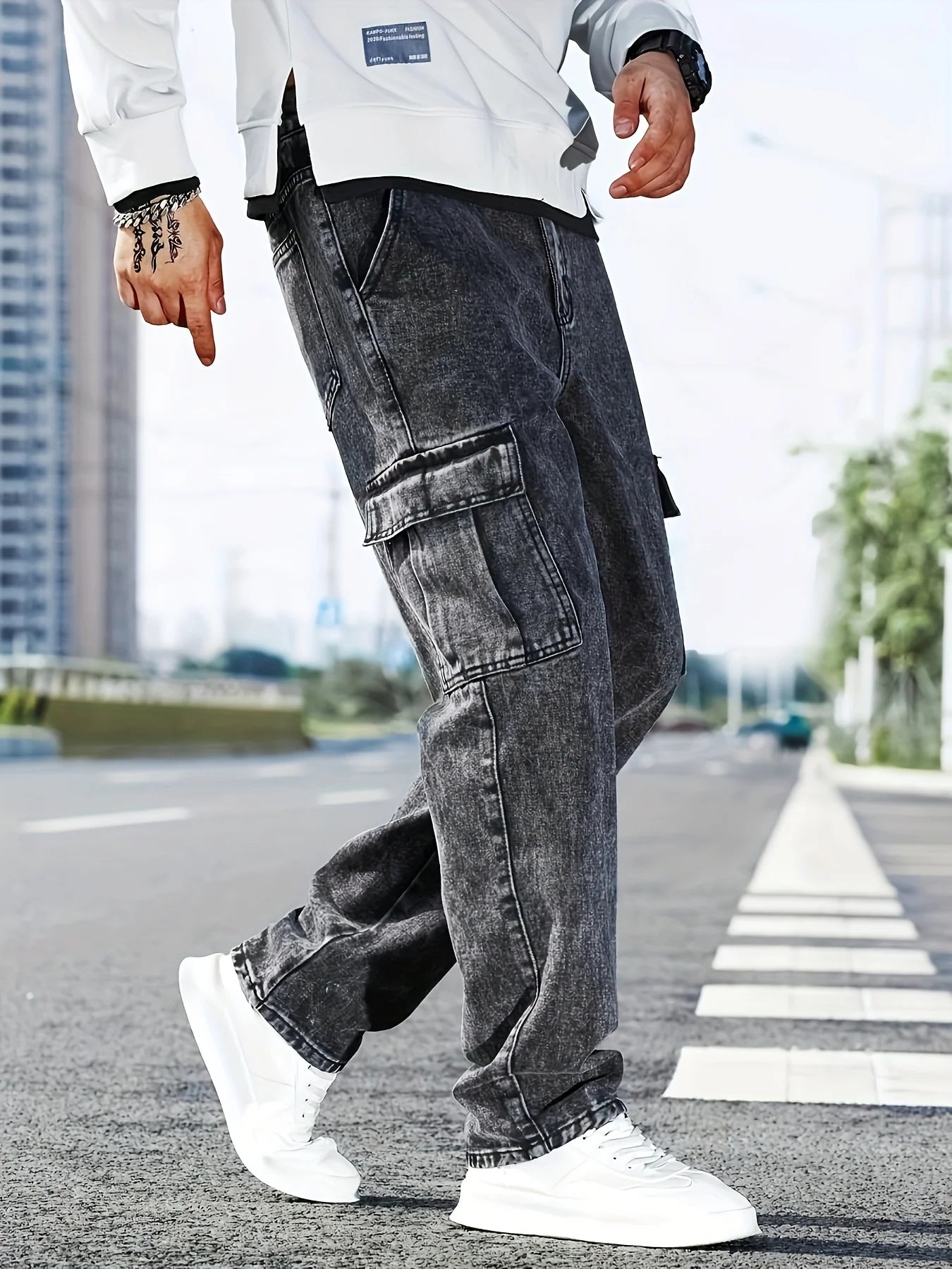 Fashionable Men's Denim Washed Workwear Jeans