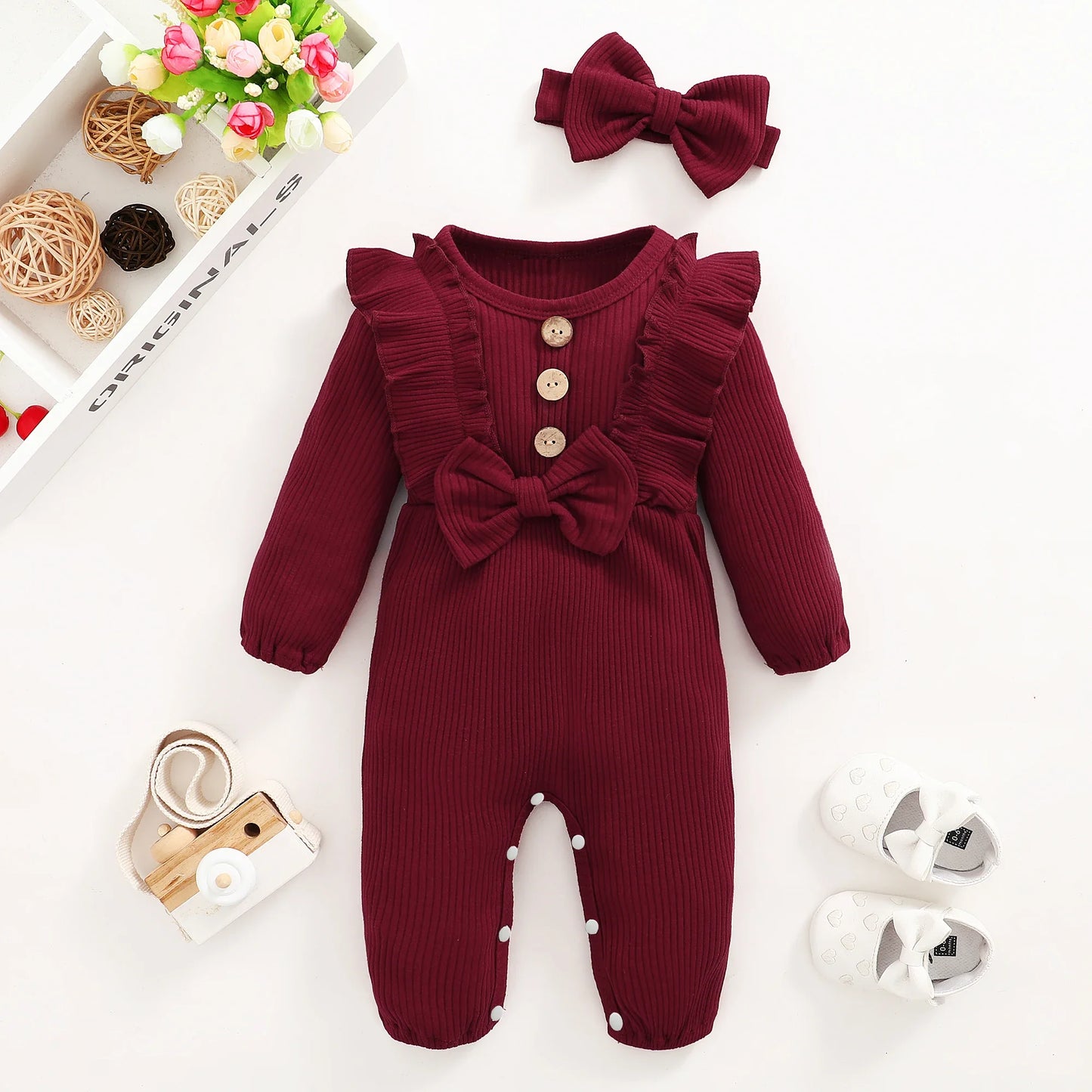 Girl Romper Long Sleeved Ruffle Bodysuit Headband
