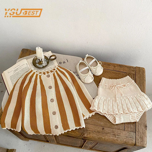 2 Pcs Baby Girls Long Sleeve Striped Cardigan Coat+ Shorts