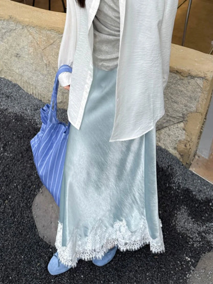 Satin Lace Patchwork Midi Skirt Elegant Women