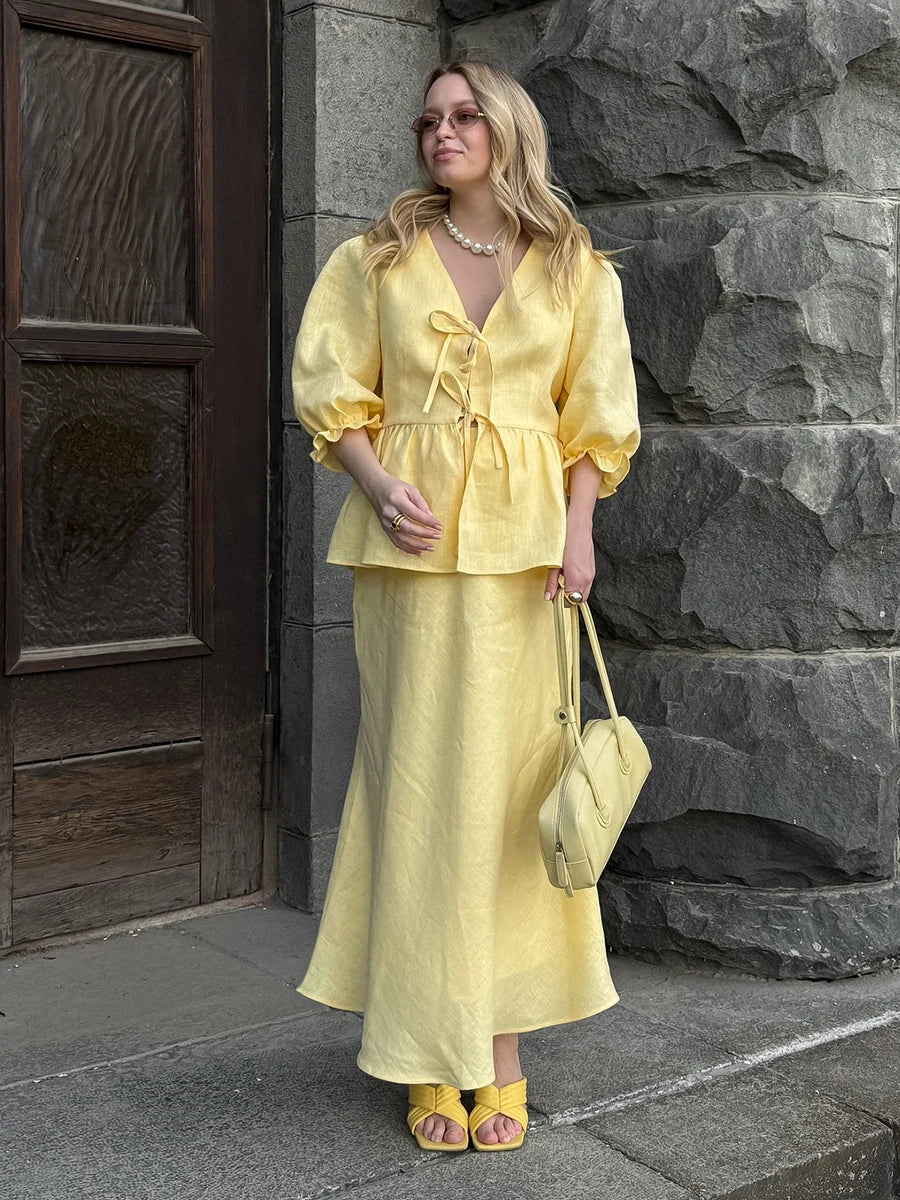 2 PCS V-Neck Lace-Up Bubble Sleeve Shirt  Long Skirt