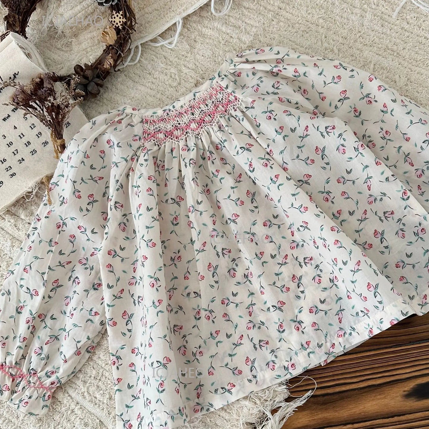 Girls Printed Hand Smocked Blouse Cotton Shirt