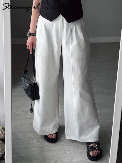 White Pants For Women Cotton Formal High Waist