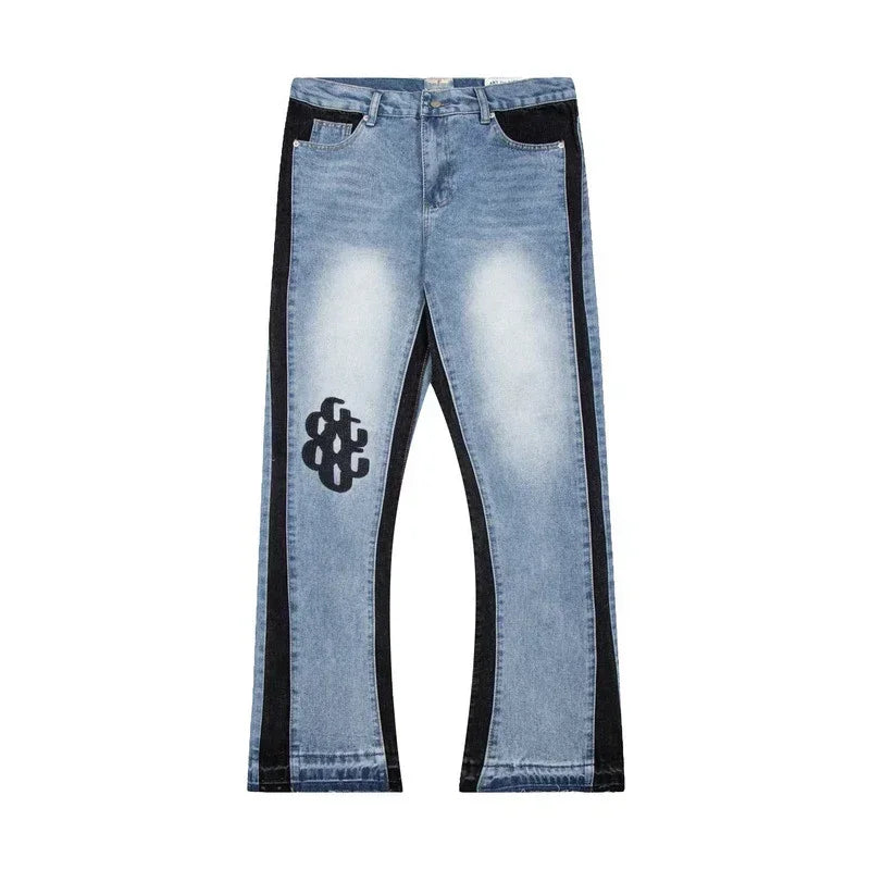 Retro Washed Spliced Denim High Brand Jeans