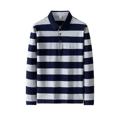 Men Polo Shirt Cotton Long Sleeve Stripe