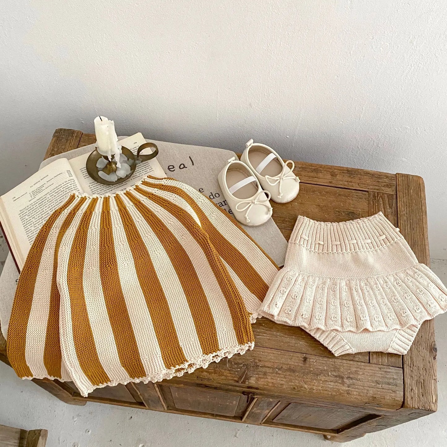 2 Pcs Baby Girls Long Sleeve Striped Cardigan Coat+ Shorts