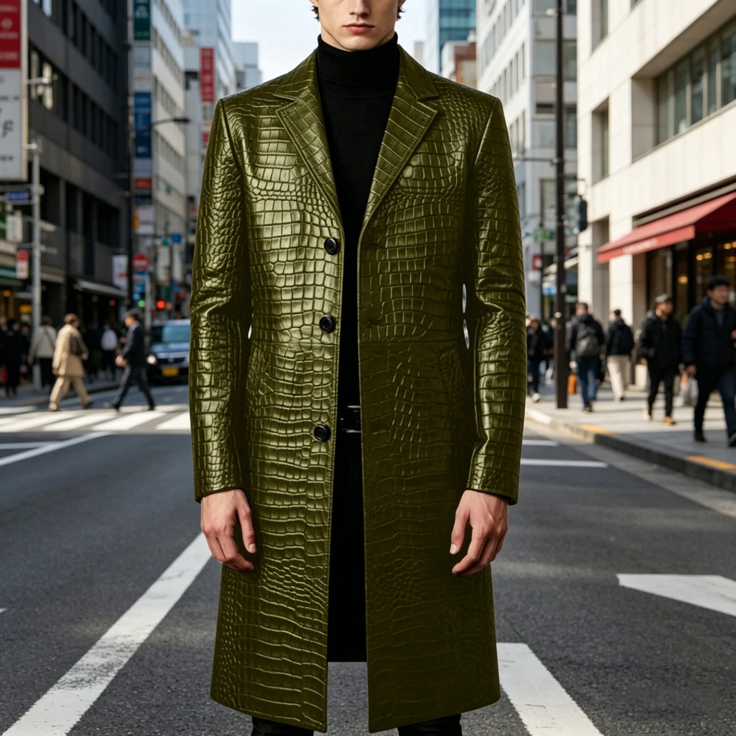 Men's Crocodile Leather Trench Coat Luxury Long