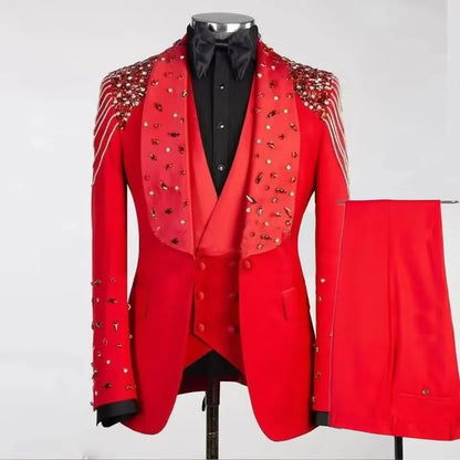 3 Piece Luxury Crystals Beaded Lapel  Wedding Tuxedos