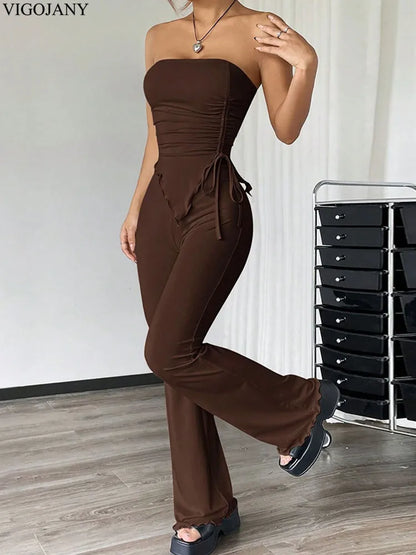 2 Pcs Brown Sexy Bandeau Top High Waist Pants