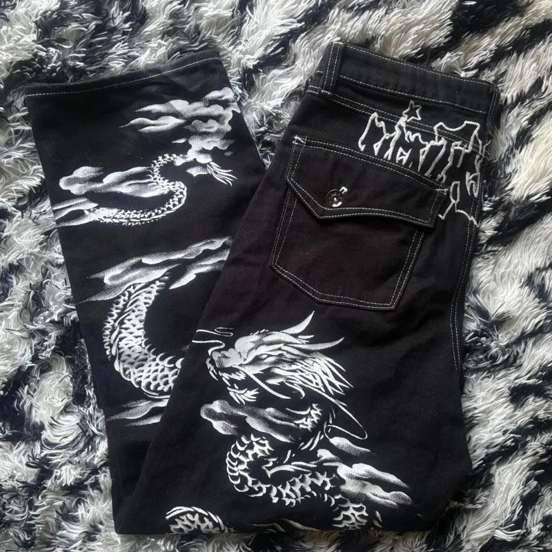 Oversize Geometric Letter Printing Washed Black Jeans