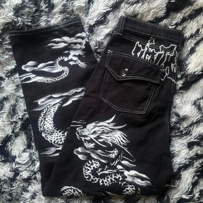 Oversize Geometric Letter Printing Washed Black Jeans