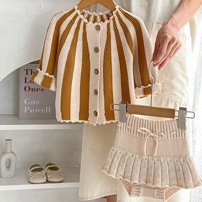 2 Pcs Baby Girls Long Sleeve Striped Cardigan Coat+ Shorts