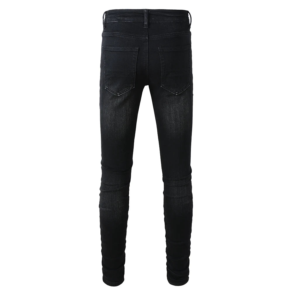 Men's White Pleated Patch Denim Jeans Streetwear