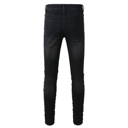 Men's White Pleated Patch Denim Jeans Streetwear