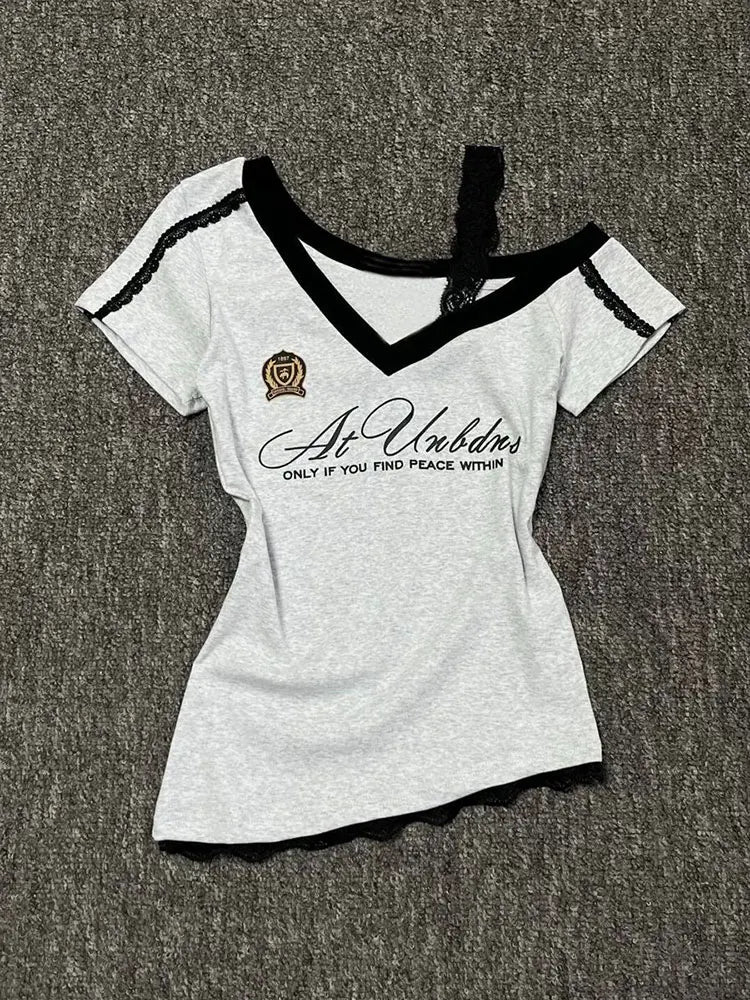 White-Gray Lace Sport Sexy Women V neck