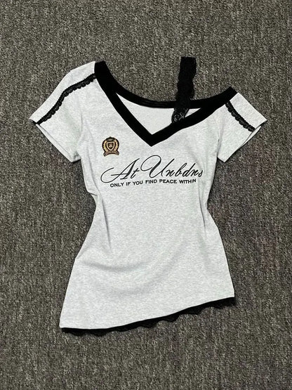 White-Gray Lace Sport Sexy Women V neck