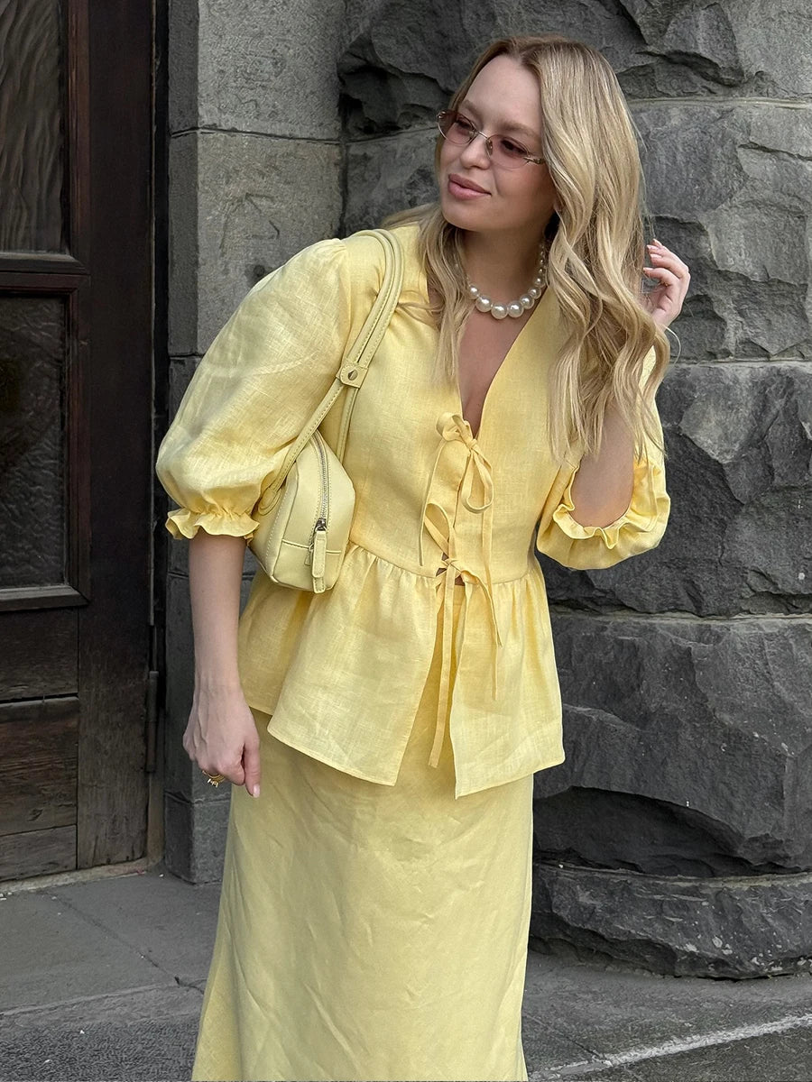 2 PCS V-Neck Lace-Up Bubble Sleeve Shirt  Long Skirt