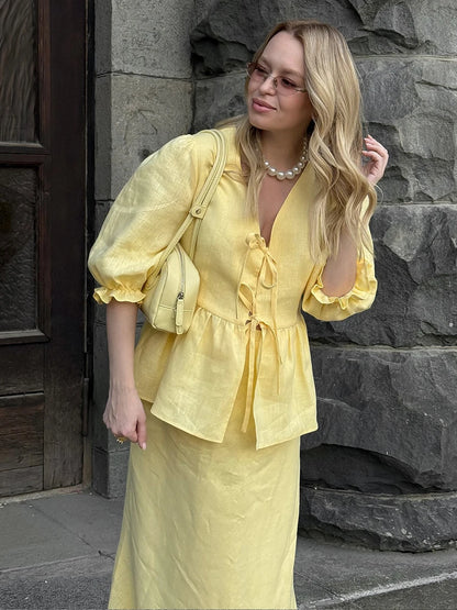 2 PCS V-Neck Lace-Up Bubble Sleeve Shirt  Long Skirt