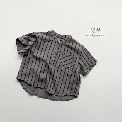 Boys Cotton Striped Pocket Casual Short Sleeve