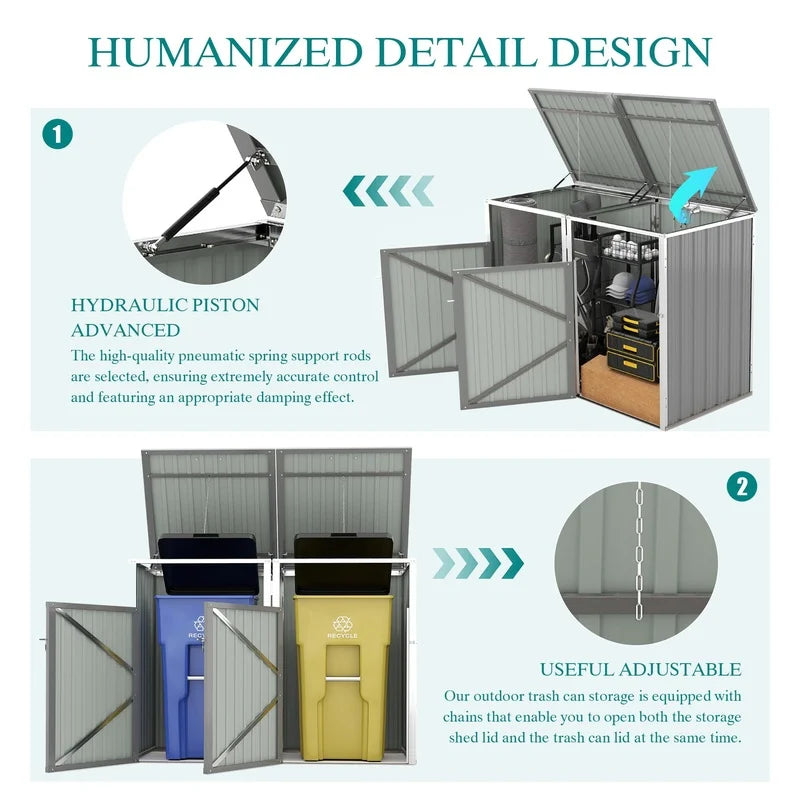 Outdoor Garbage Bin Shed with 54 cu ft Storage, Stainless Galvanized Steel, Grey, for Garden Yard Use