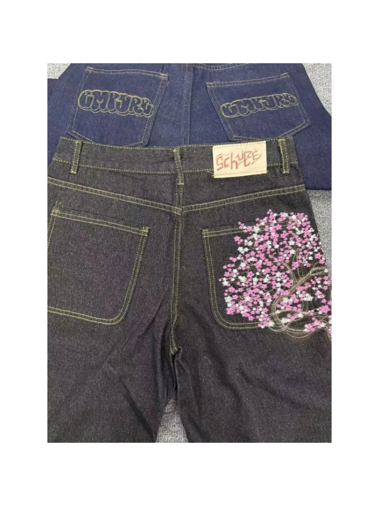 Embroidered Straight Short Denim Wide-Leg Jeans