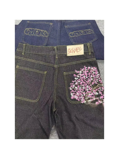 Embroidered Straight Short Denim Wide-Leg Jeans