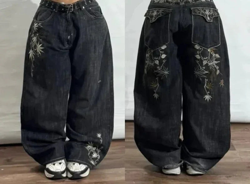 Oversize Geometric Letter Printing Washed Black Jeans