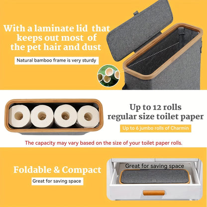 Bamboo toilet paper holder with lid organizer