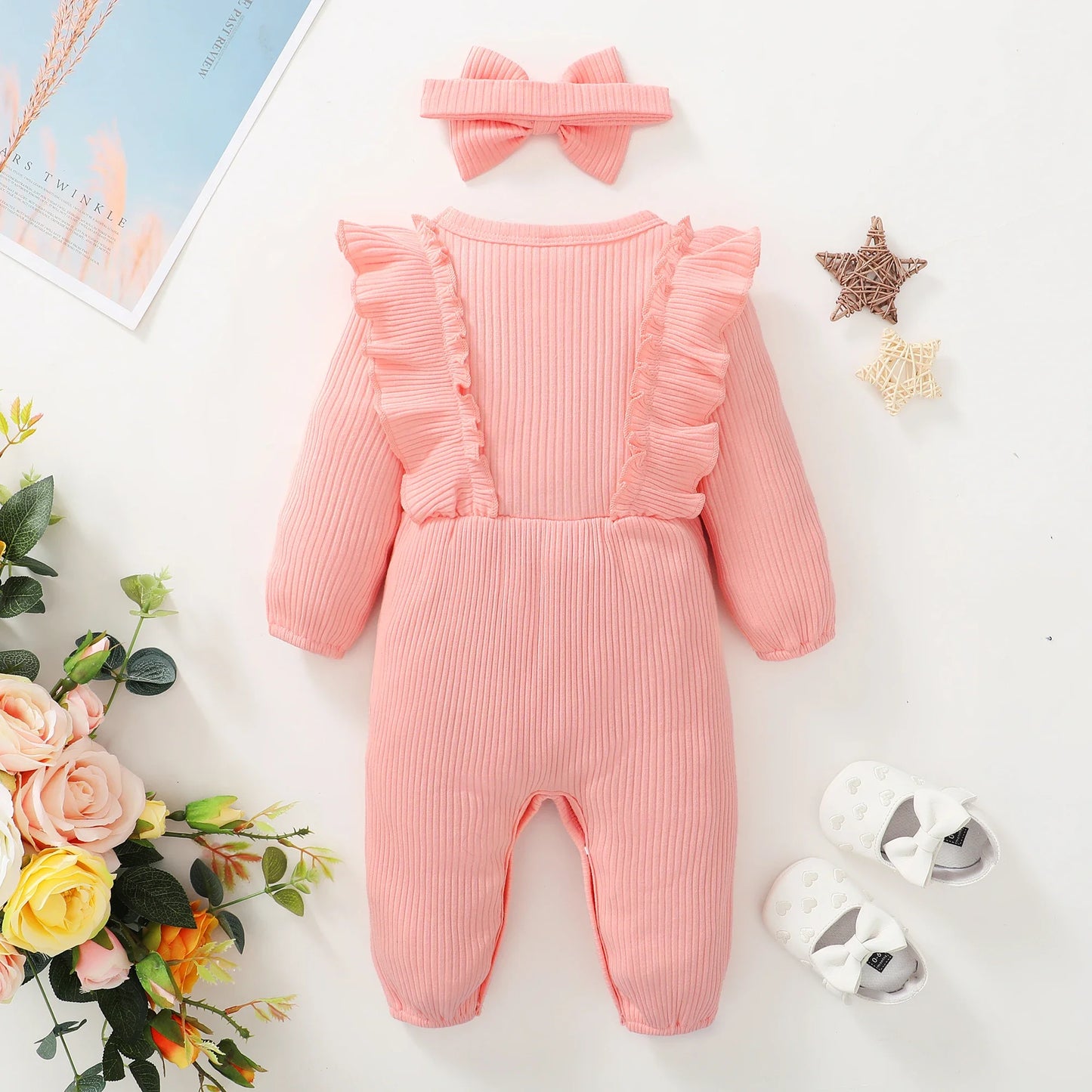 Girl Romper Long Sleeved Ruffle Bodysuit Headband