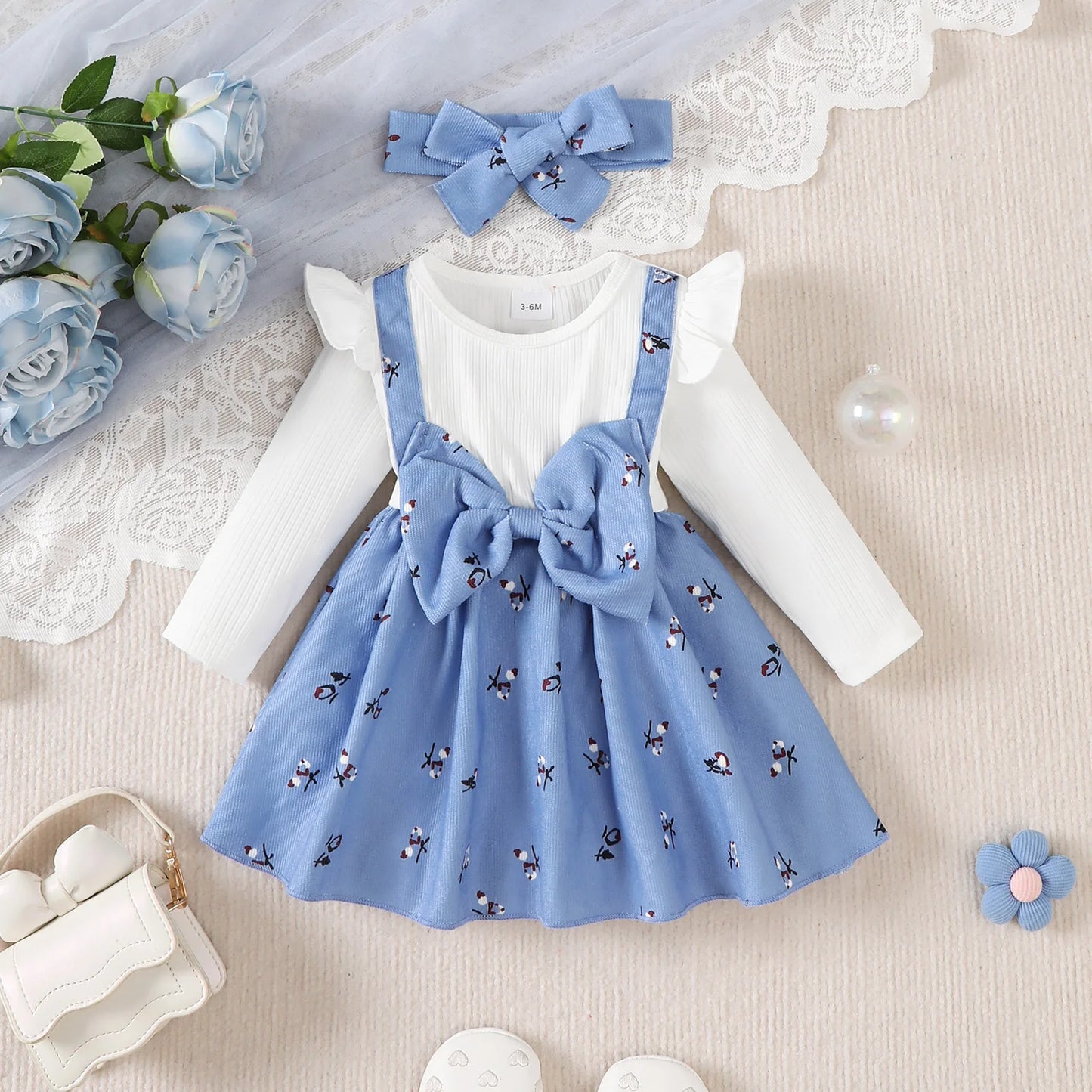 2pc Baby Girl Broken Flowers Big Bow Princess Dress