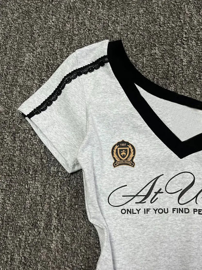 White-Gray Lace Sport Sexy Women V neck