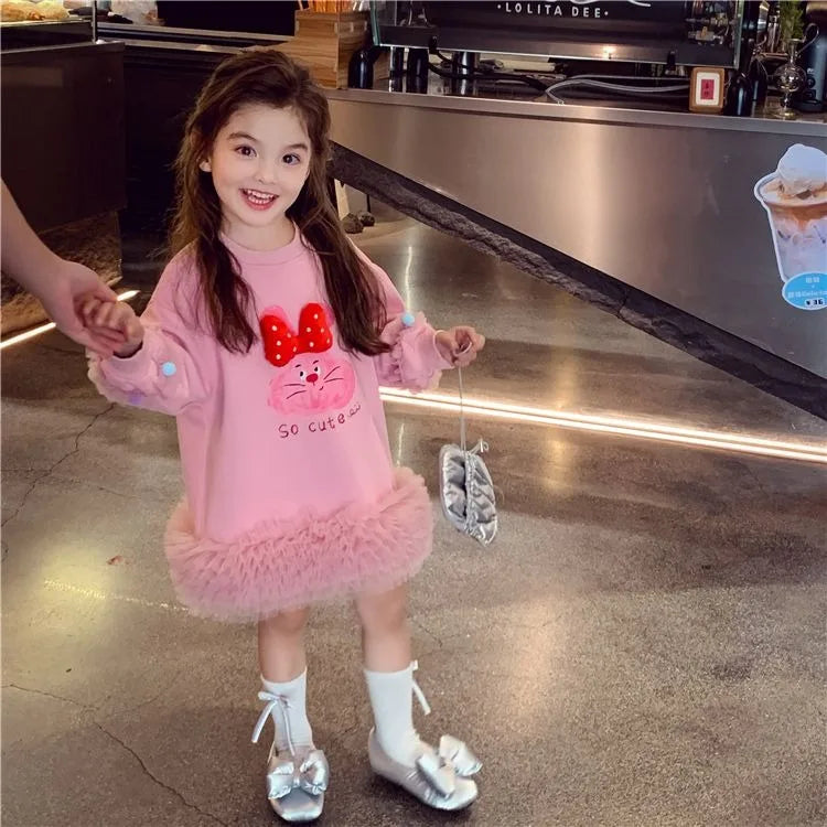 Girls' Casual Stylish Patchwork Tulle Hoodie Dresses