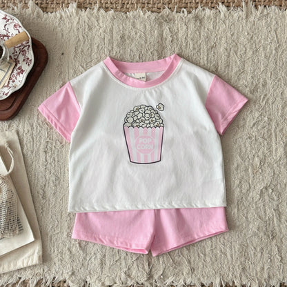 2PCS Girls Clothing Casual Cotton Popcorn Printed T-shirt