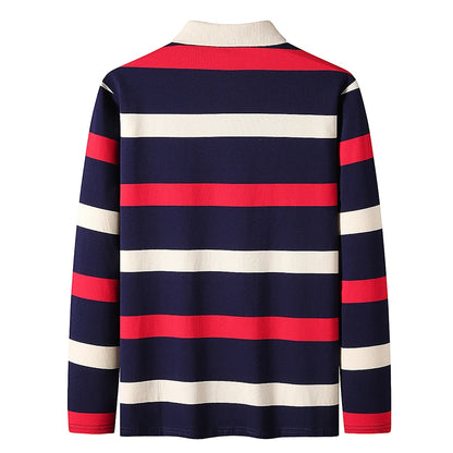 Men Polo Shirt Cotton Long Sleeve Stripe