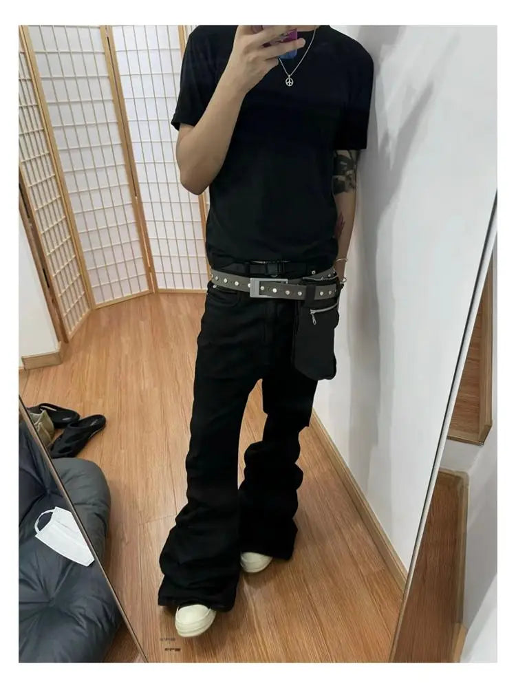 Basic Black Ribbon Loose Flared Casual Jeans