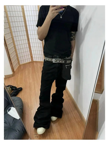 Basic Black Ribbon Loose Flared Casual Jeans
