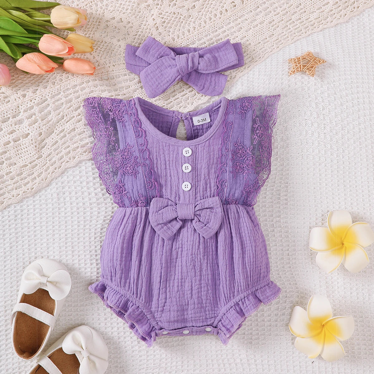 0-18 Month Solid Color Sleeveless Round Neck Lace Edge