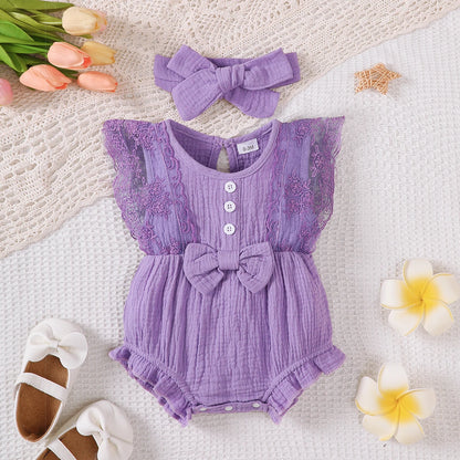 0-18 Month Solid Color Sleeveless Round Neck Lace Edge
