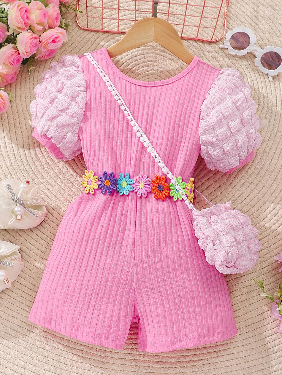 Girls Bubble Sleeve Ribbed Short Romper Set