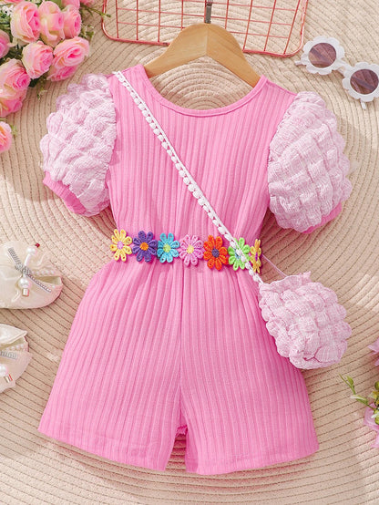Girls Bubble Sleeve Ribbed Short Romper Set