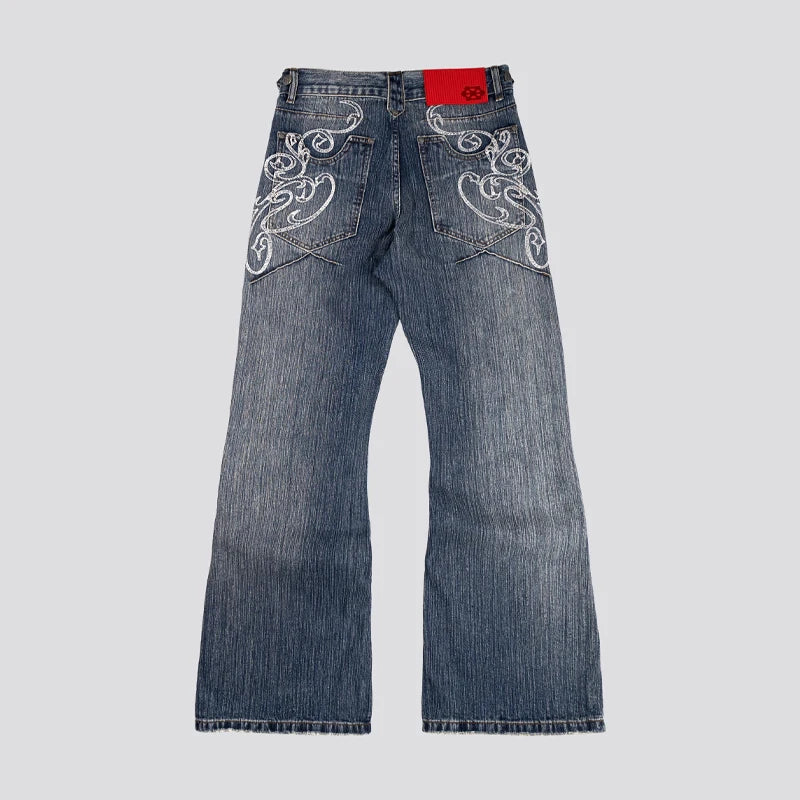 Men/Women Bootcut Jeans Vintage Washed Embroidery Pants