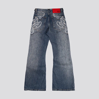 Men/Women Bootcut Jeans Vintage Washed Embroidery Pants