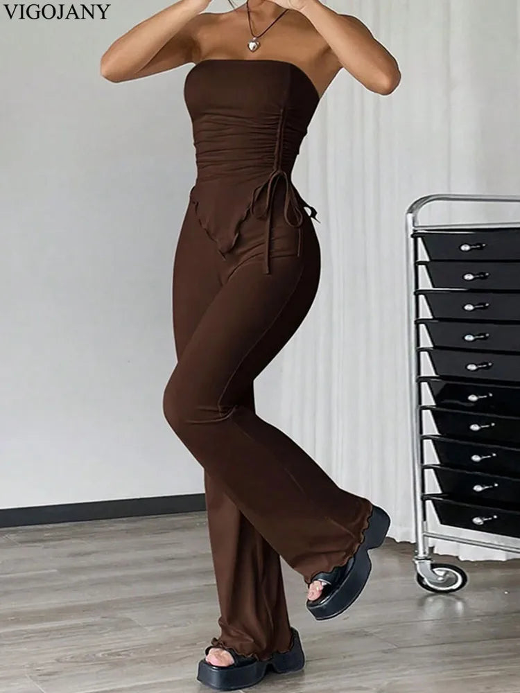 2 Pcs Brown Sexy Bandeau Top High Waist Pants