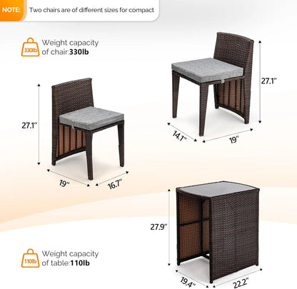3 PCS Wicker Outdoor Patio Bistro Set Glass Top