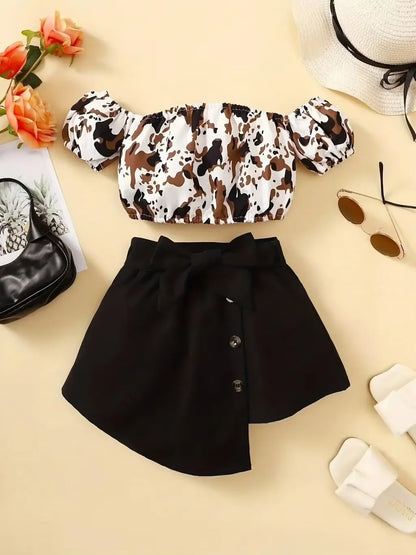 2PCS Girl Summer Clothes Set Off Shoulder Leopard