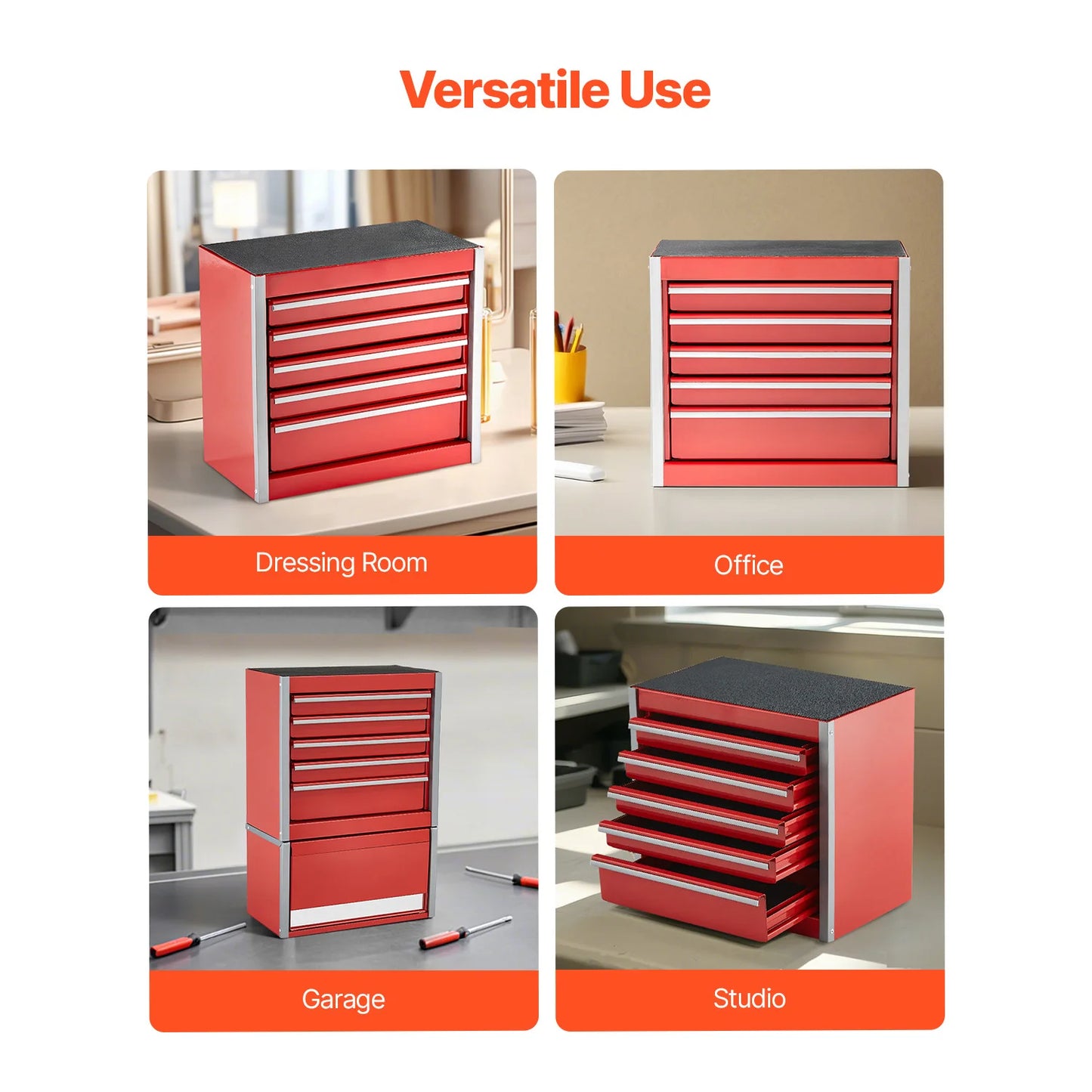 5-Drawer Metal Tool Box Red/Black Portable Tools Storage