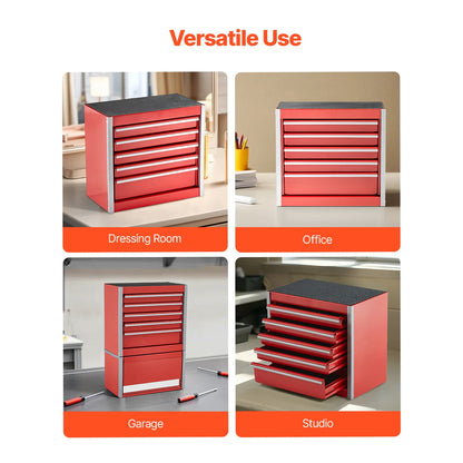 5-Drawer Metal Tool Box Red/Black Portable Tools Storage