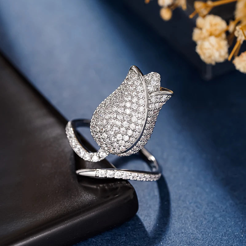 Romantic Tulip Design Flower Rings with Dazzling CZ