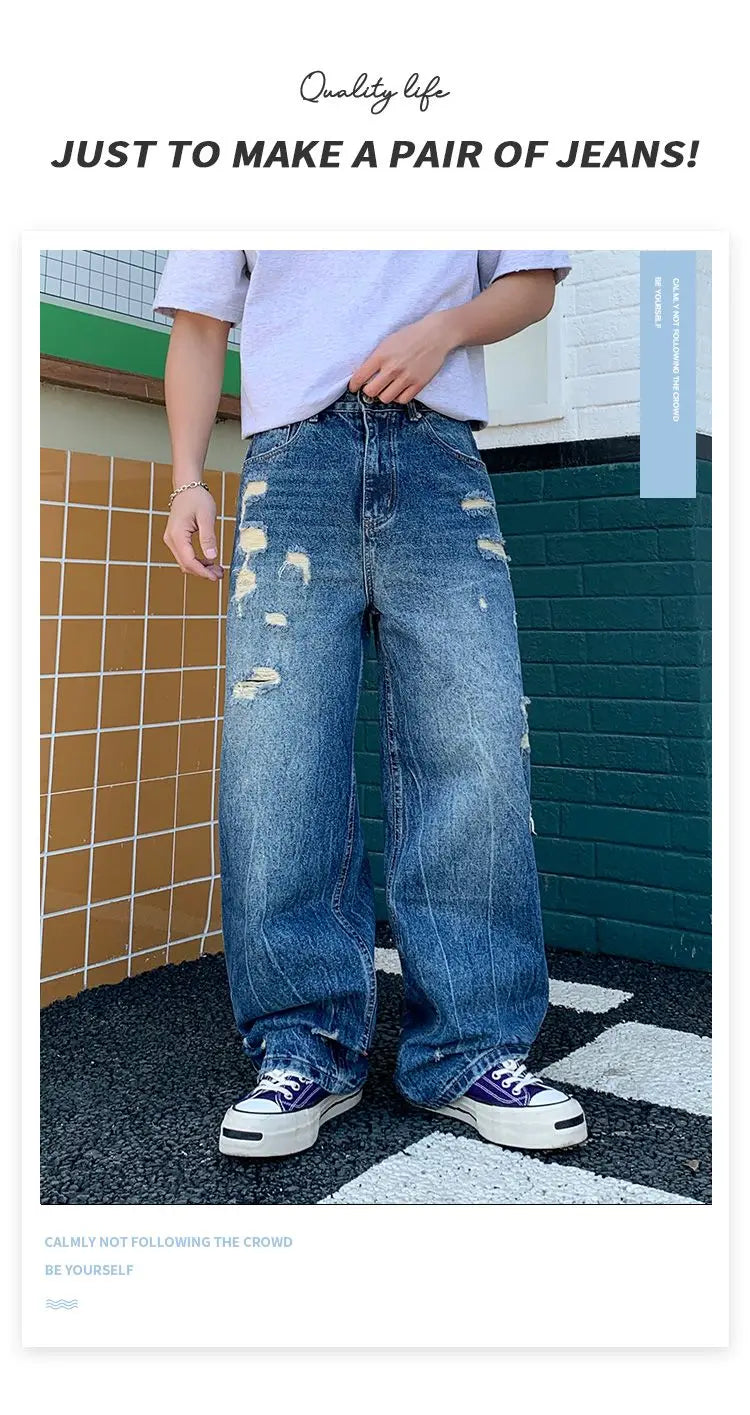 Men's Wide-Leg Jeans Retro Trendy Distressed